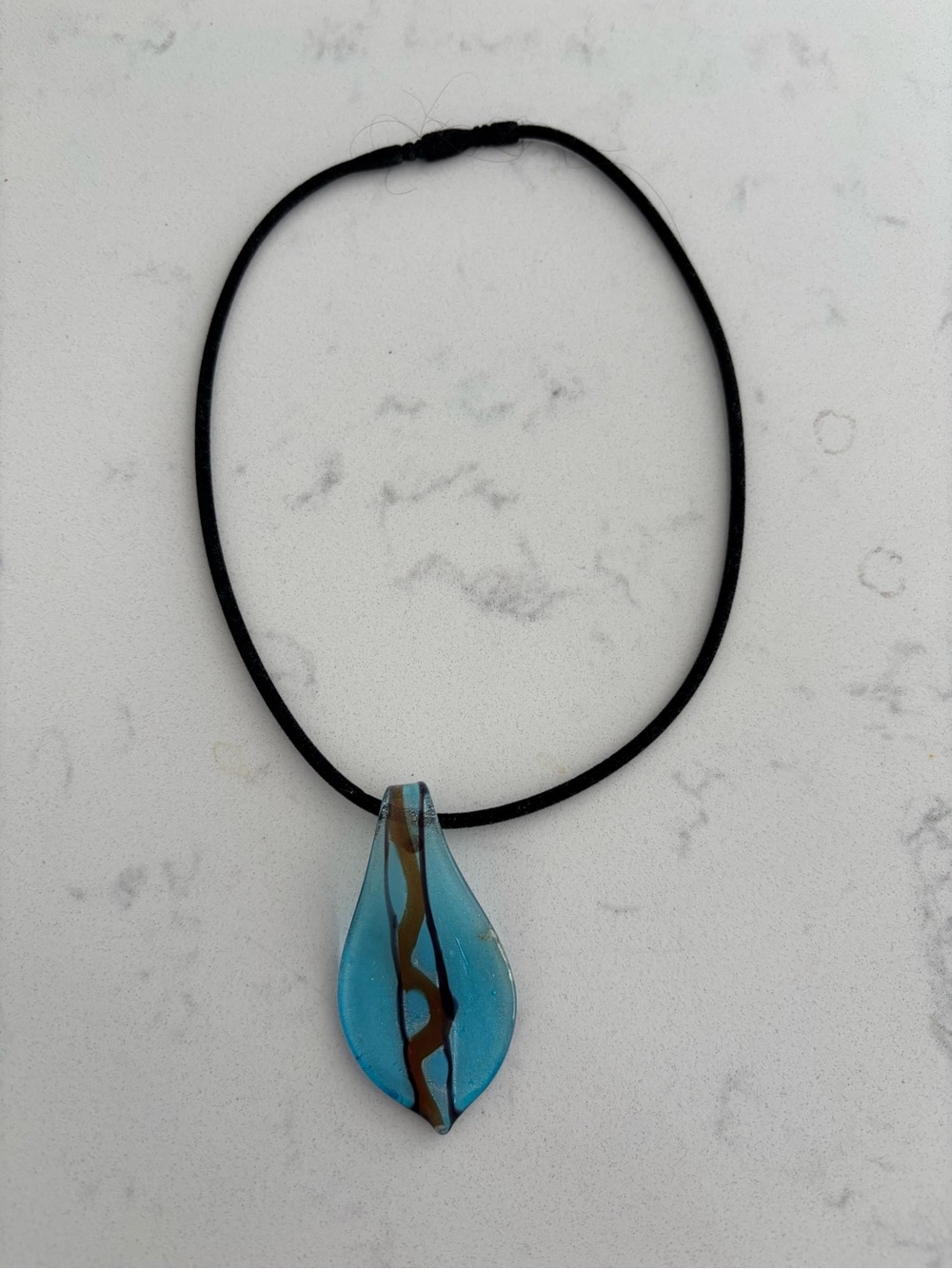 Handmade Blue Glass Pendant Necklace with Brown Accent